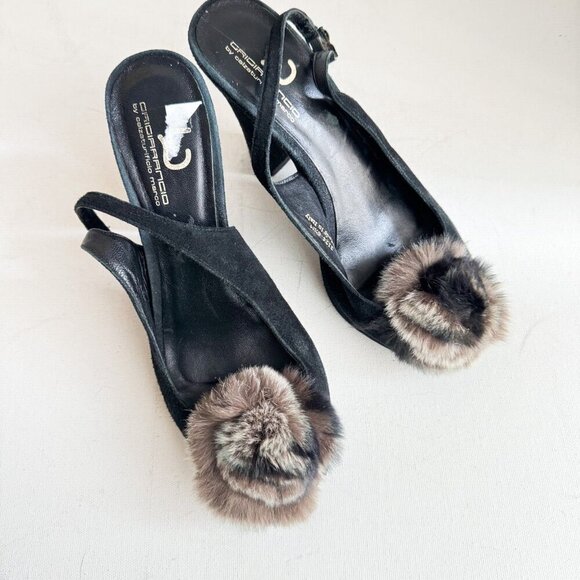 Suede Leather Fur Rosette Detail Peep toe Sling Back Heels 6.5 - Picture 3 of 11